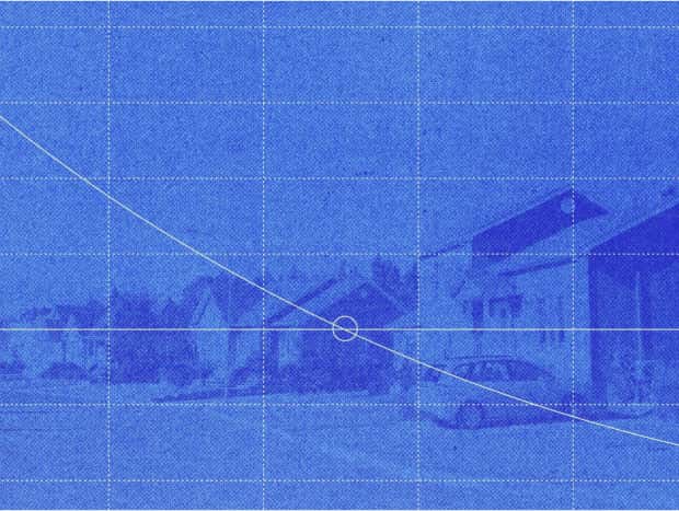 image of a street of houses with a blue paper color texture overlayed on top with graph lines showing