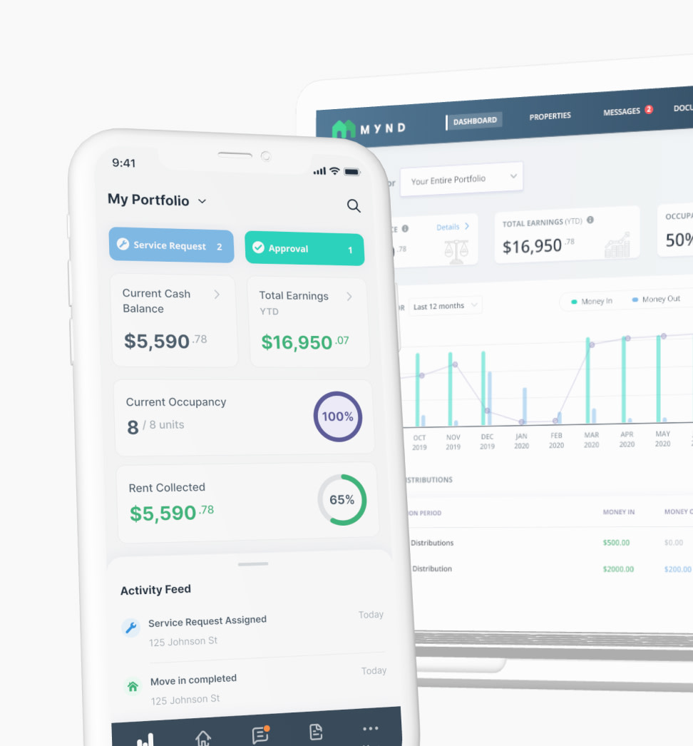 Mockups of the Mynd app and desktop screens