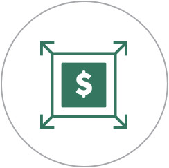 Green square with a dollar sign in the center with arrows pointing outwards from the corners